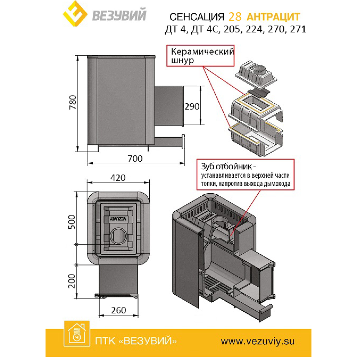 ВЕЗУВИЙ ЧУГУННАЯ ПЕЧЬ СЕНСАЦИЯ 28 АНТРАЦИТ (ДТ-4) — изображение 2